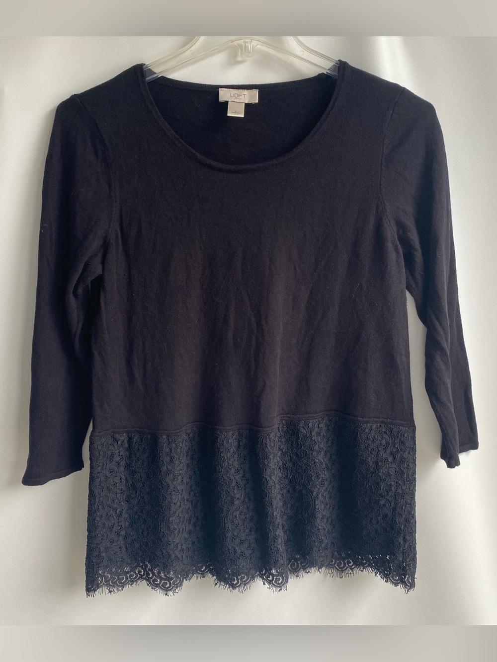 Women’s black top Large soft knit 3/4 sleeve lace trim layered look Y2K shirt